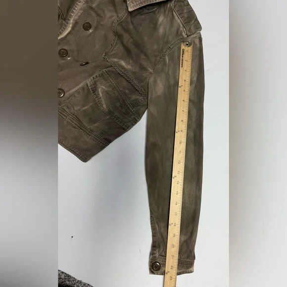LONDON Jean Olive dyed distressed cropped double breasted utility Jacket size L - Picture 9 of 15